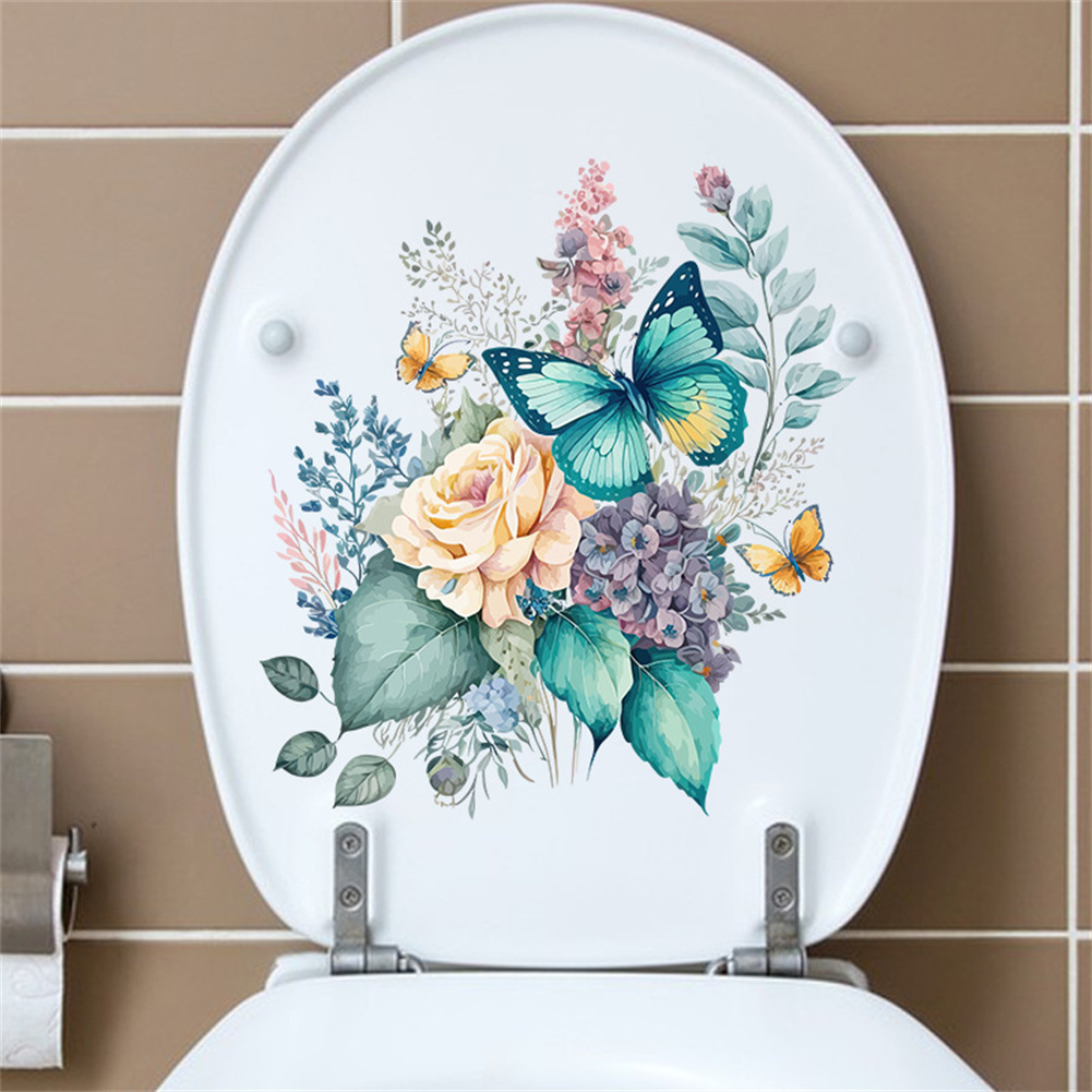 Furvclv Butterfly Flowers Bathroom Toilet Wall Sticker Self-Adhesive Waterproof Decals for Restroom WC Toilet Lid Decorations